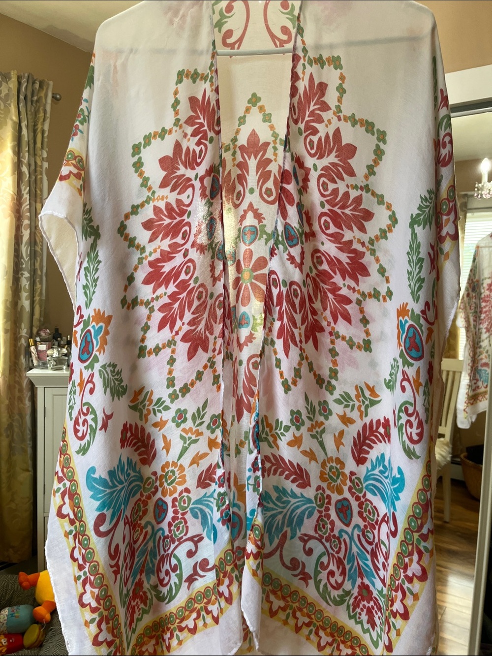 White Floral Medallion Open-Front Tunic Kimono